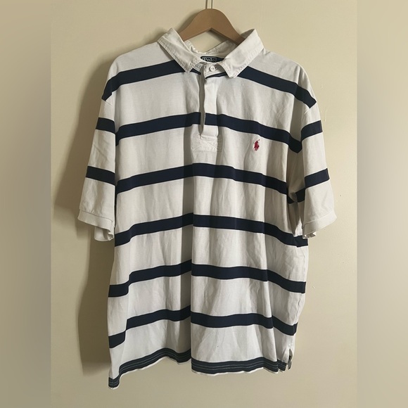 Vintage Polo Ralph Lauren Blue White Striped Red Pony Button Shirt 3XL Big 3XB - Picture 1 of 4